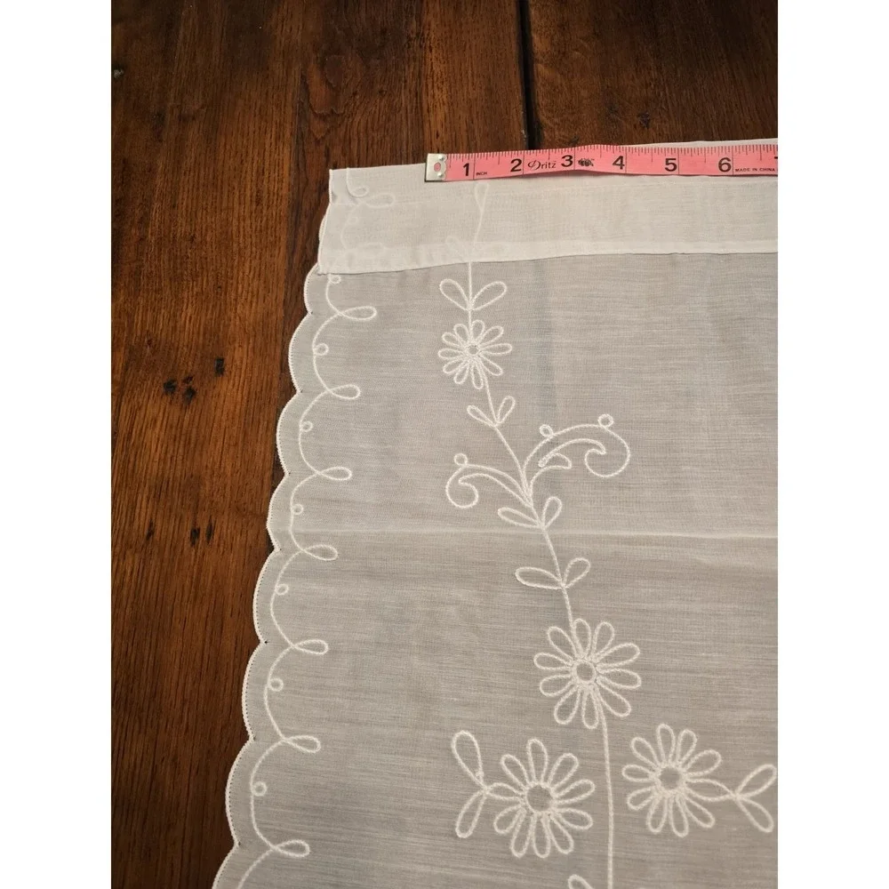 Vintage Swiss Mid Century White Floral Embroidered Window Sheer 2 panels 44x84